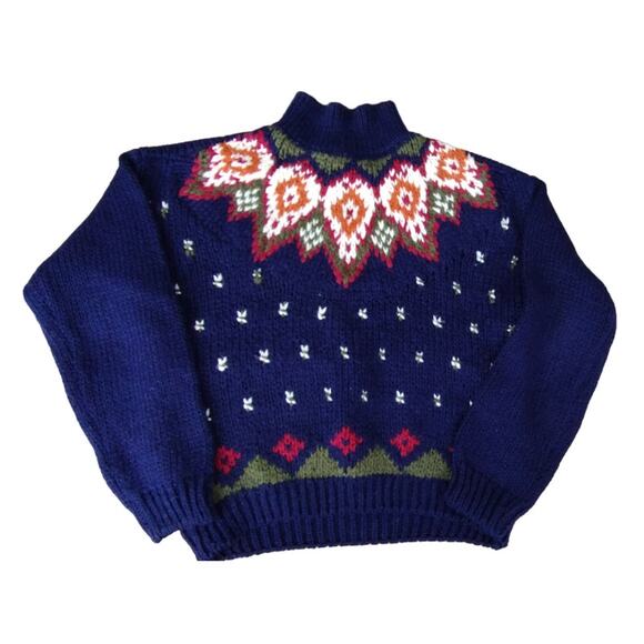 Jamie Scott Women's Knitted by Hand Ramie Wool Sweater Navy Blue Fair Isle S - Picture 2 of 10